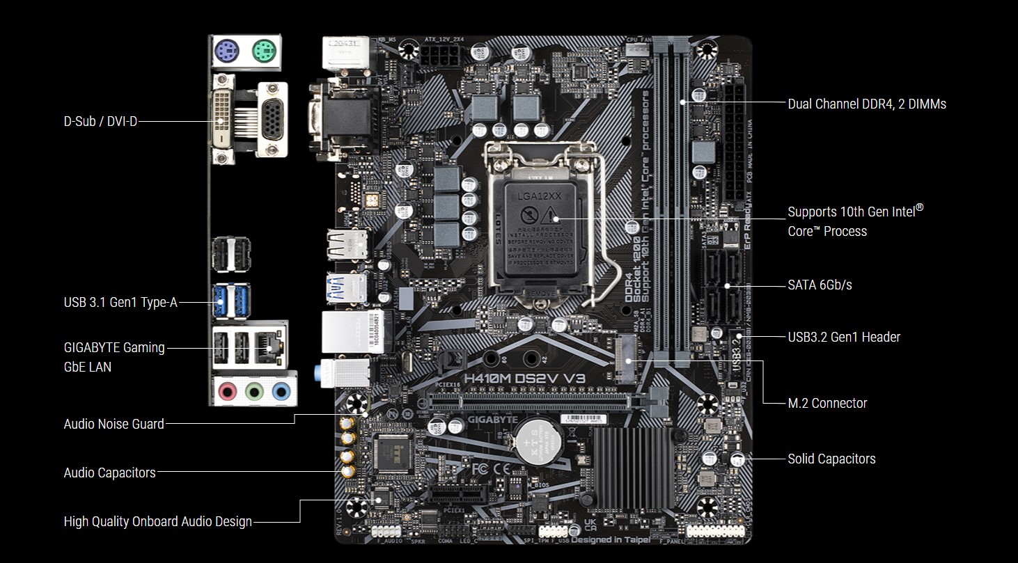 Mainboard Gigabyte H410M-DS2V V3 (Intel H510, Socket 1200, m-ATX, 2 khe Ram DDR4)