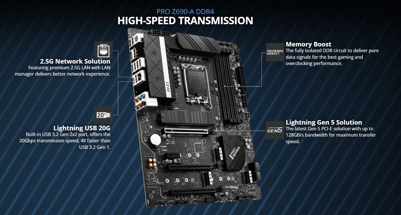 Mainboard MSI PRO Z690-A (Intel Z690, Socket 1700, ATX, 4 khe RAM DDR4)